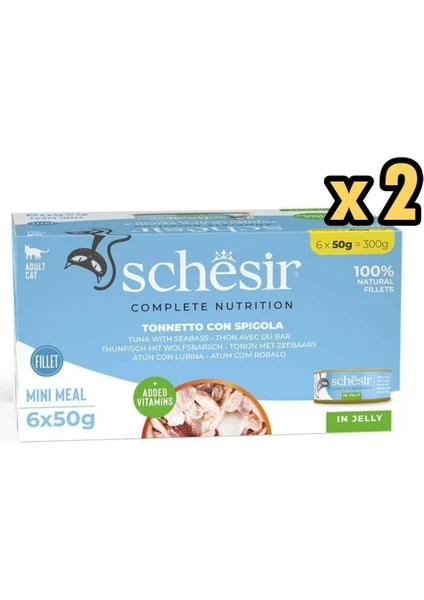 Schesir Tam ve Dengeli Ton Balığı ile Levrekli Jöle Içinde Kedi Konservesi Multipack 6X50G x 2 Adet