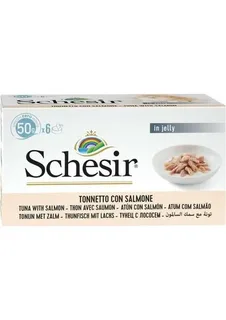 SCHESİR TAM VE DENGELİ TON BALIĞI İLE SOMONLU JÖLE İÇİNDE KEDİ KONSERVESİ MULTİPACK 6X50G